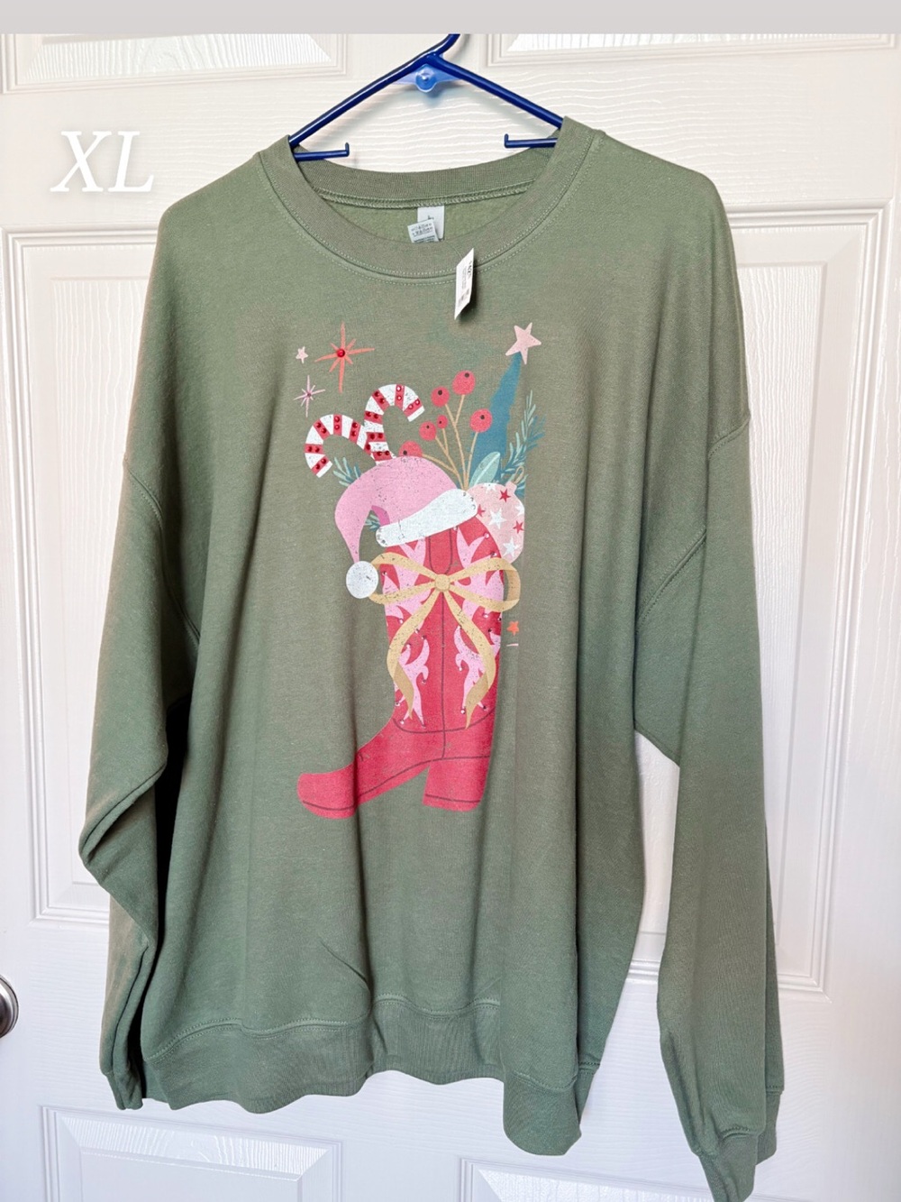 Olive Green Crewneck Sweatshirt with Pink & Red Boot Graphic